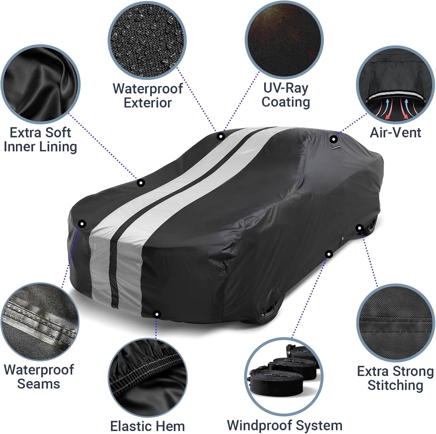 iCarCover Custom Car Cover for Chevy Del Ray (1954-1957) Waterproof All Weather Rain Snow UV Sun Protector Full Exterior Indoor Outdoor Car Cover (Stripe - Black/Gray)