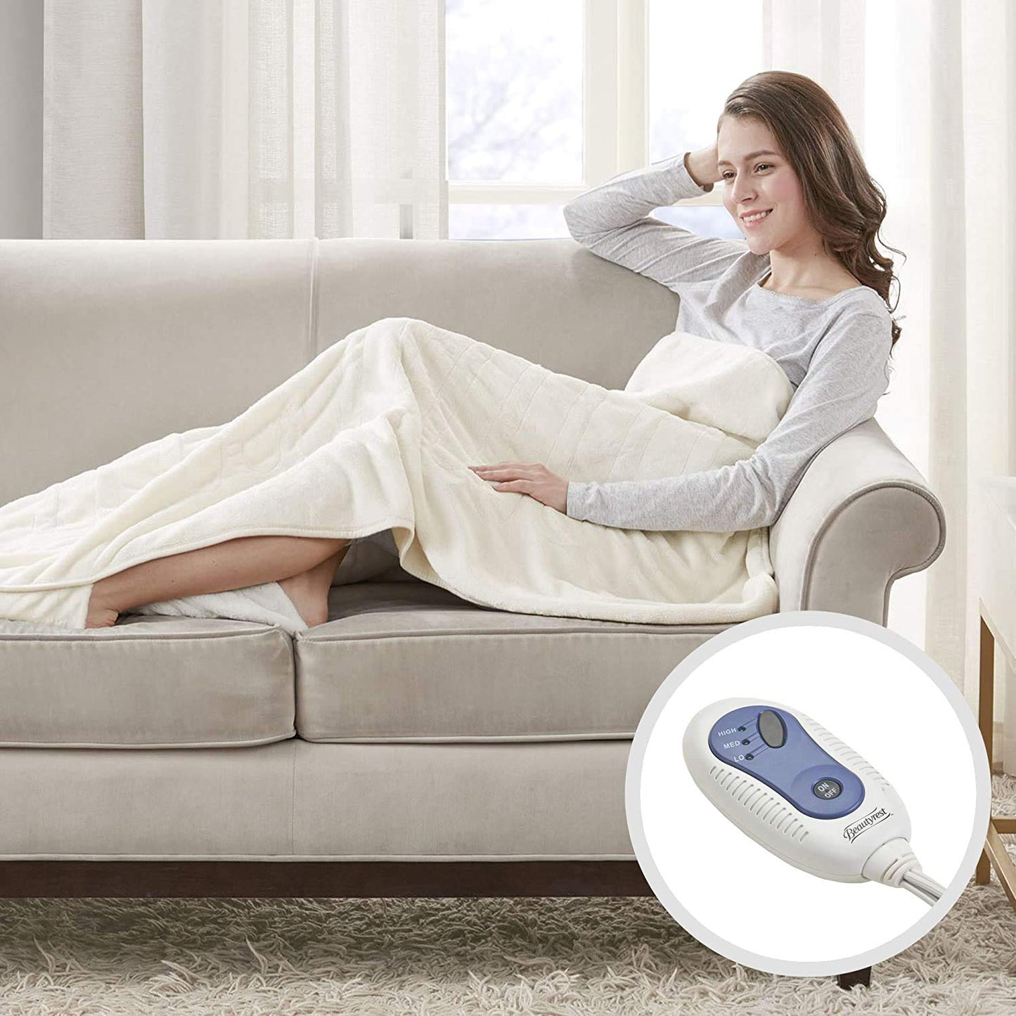 Beautyrest Foot Pocket Soft Microlight Plush Electric Blanket Heated Throw Wrap with Auto Shutoff, 50 x 62 in, Ivory