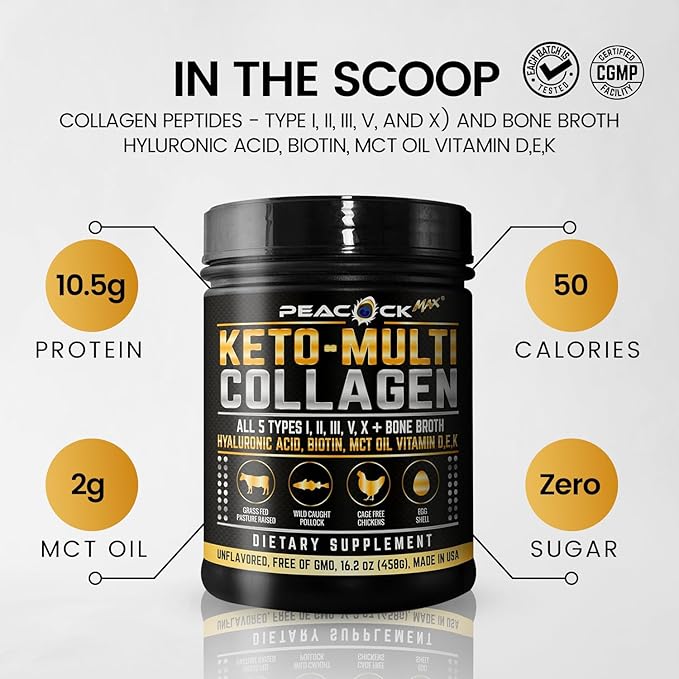 Multi Collagen Protein Powder 16.2 oz (4 Pack) | 5 Types with Bone Broth, Hydrolyzed Peptides, Biotin & MCT Oil, Unflavored, Supports Skin, Hair, Nails, Joints & Gut Health, Keto Friendly