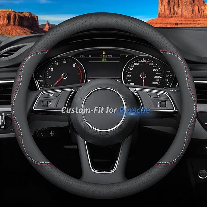 Custom-Fit for Porsche Steering Wheel Cover, Premium Leather Car Steering Wheel Cover with Logo, Non-Slip, Breathable, for Porsche Accessories (A-Style,for Porsche)
