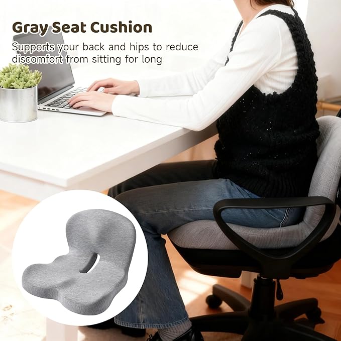OMISTAR Car Seat Cushion with Ergonomic Design, Memory Foam Seat Cushion for Lumbar Support, Breathable Fabric, Non-Slip, Ideal for Car and Office Use, 15.7 x 16.9 x 11.4 in, Gray