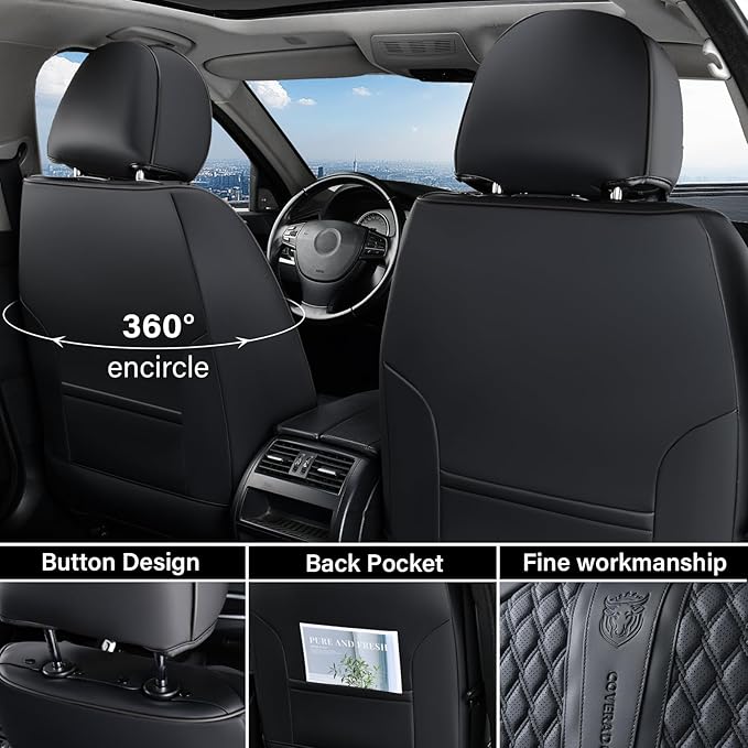 Coverado Front Seat Covers, Car Seat Covers Front Seats, Nappa Leather Seat Covers for Cars, Waterproof Seat Covers with Lumbar Support Universal Fit for Most Cars SUV Trucks (Front, Black)
