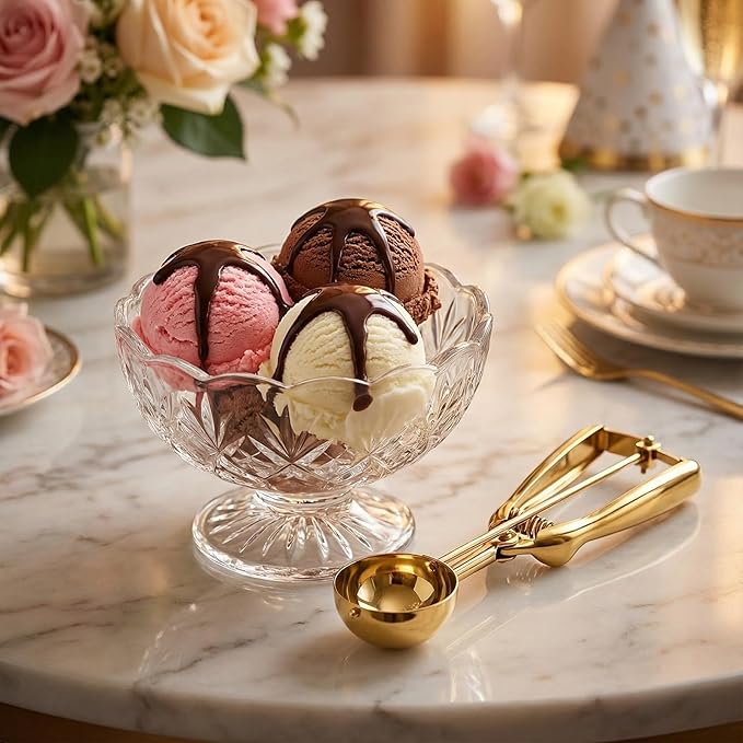 Gold Ice cream spoon,3Pcs Cookie Scoop Set,Stainless steel ice cream scoop with trigger release,Tablespoons,dough scoop,3 Sizes (S/M/L)
