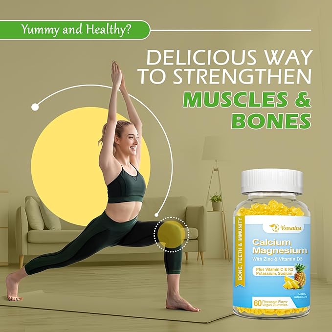 High Absorption Calcium Gummies, Sugar Free Calcium Magnesium Gummies with Vitamin D3 for Men and Women, Pineapple Flavor 120 Cts