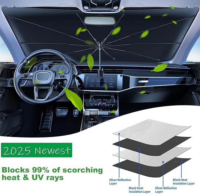Windshield Sun Shade 2025 Car Accessories 100% Blackout Car Front Windsow Shades Umbrella Automotive Sun Visor Block Heat Insulation Protection (Gry Eyes)