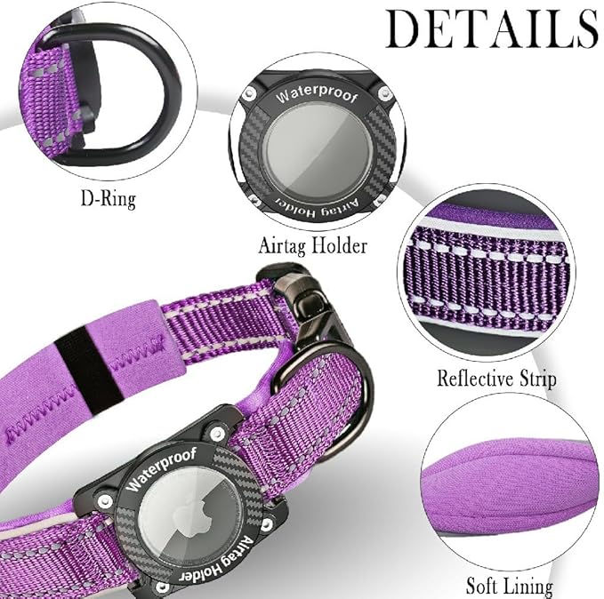 Upgraded AirTag Dog Collar, IP68 Waterproof Dog Collar with Apple Air Tag Holder, Reflective Adjustable Heavy Duty Dog Collars with Soft Padded for Small, Medium and Large Dogs,Purple, XL