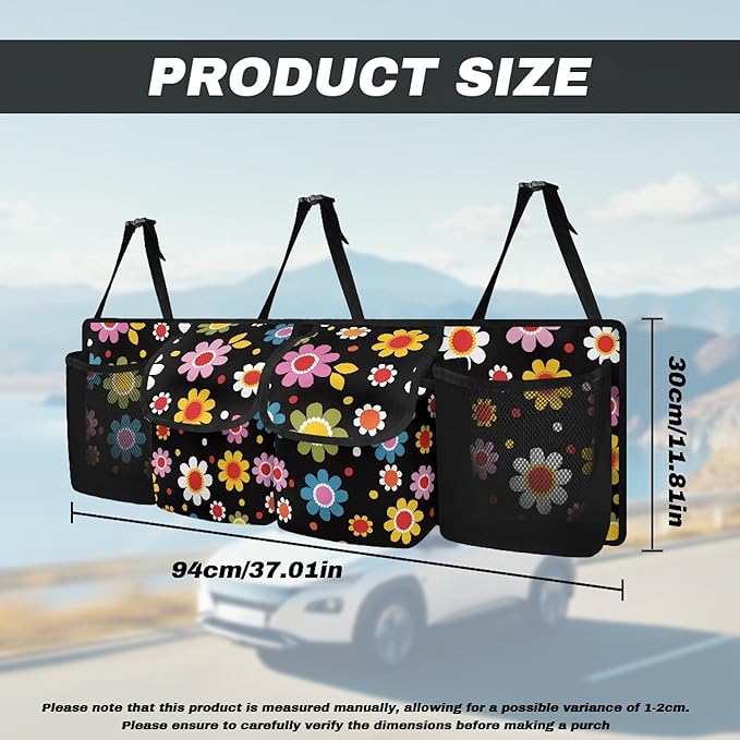 Trunk Organizer for Car Storage Organizer with 4 Pockets, Space-Saving Trunk Storage Organizer with 2 Pockets & 2 Mesh Pouches for Groceries, Hippie Floral Car Accessories for Women