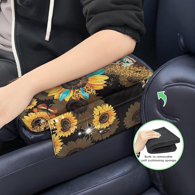 Wanyint Aztec Sunflower Leopard Cow Print Auto Center Console Cover Non-Slip Soft Armrest Storage Box Mat Scratch Resistant Middle Console Cover Arm Rest Pad Car Interior Decor Accessories