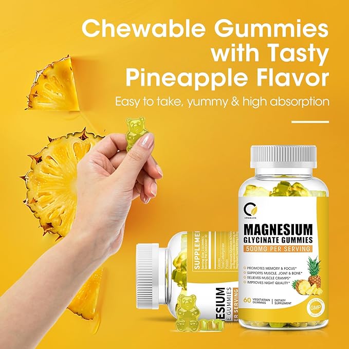 (2 Pack) Magnesium Glycinate Gummies, High-Absorption Magnesium Supplement with Calcium & Vitamins, Support Bone, Muscle, Night, Memory & Mood, Vegan, Non-GMO, 60 Counts, Pineapple Flavor