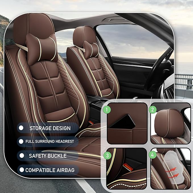 Leather Car Seat Covers Fit for Toyota Echo 2000-2005, 5 Seater Car Seat Cover, Premium Waterproof, Scratch Resistant Car Interior Accessories (Full Set with Pillow Coffee)