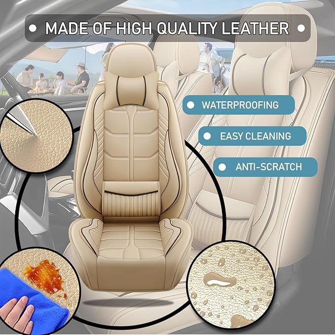 Leather Car Seat Covers Fit for Toyota Corolla 1997-2024, 5 Seater Car Seat Cover, Premium Waterproof, Scratch Resistant Car Interior Accessories (Full Set with Pillow Beige)