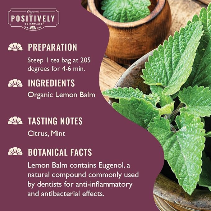 Organic Positively Botanicals Company, Lemon Balm Herbal Tea Bags, 20 Count