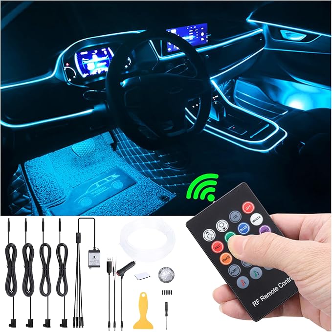 Car Atmosphere Light Kit 5m Fiber Optic RGB Multicolor Sound Active Music Sync Memory Function RF Remote Controller USB Car Interior Ambient Lighting Kit DC 12V
