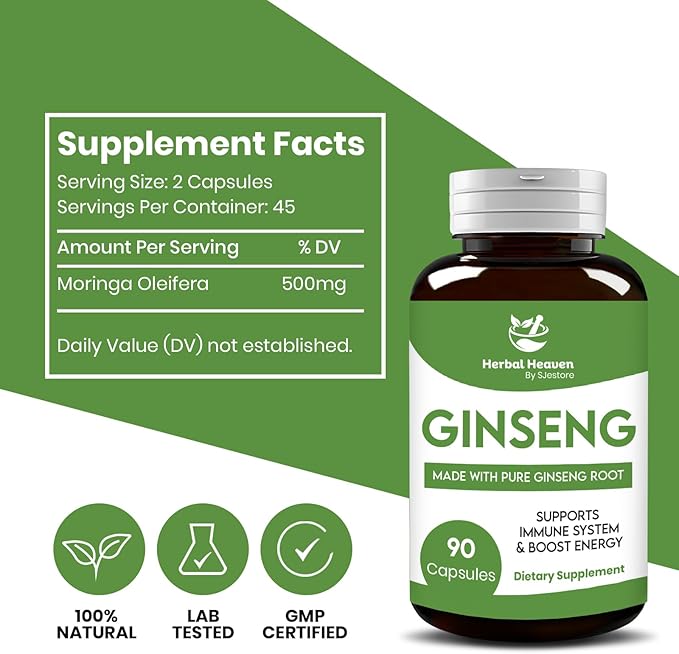 Herbal Heaven Natural Energy and Focus Ginseng Capsules 90 Count for Vitality and Wellness - 100% Herbal Formula