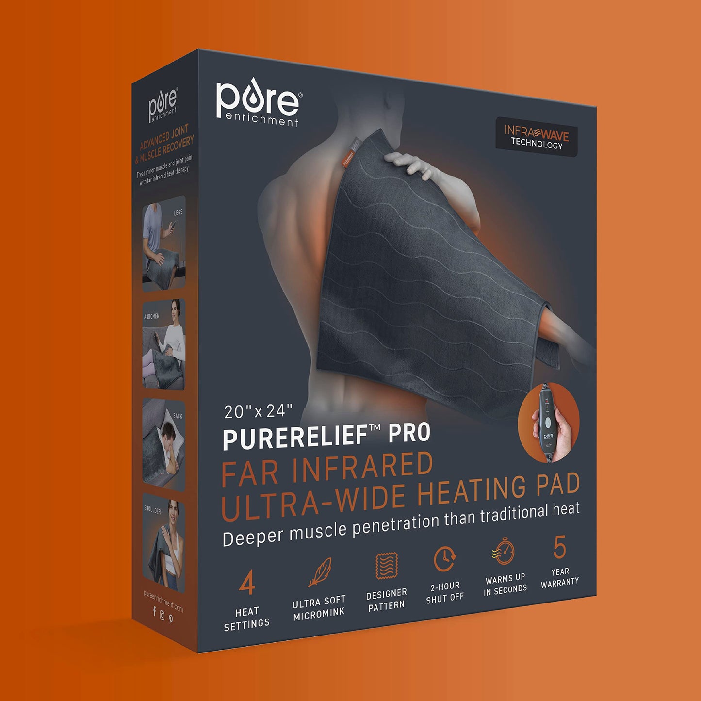 Pure Enrichment PureRelief Pro Far Infrared XL Heating Pad - Muscle Relief for Back, Neck, Shoulder, & Knee Pain in Athletes, 4 Heat Settings, Dry/Moist Heat, 12” x 24” Extra-Long Size (Iron Gray)