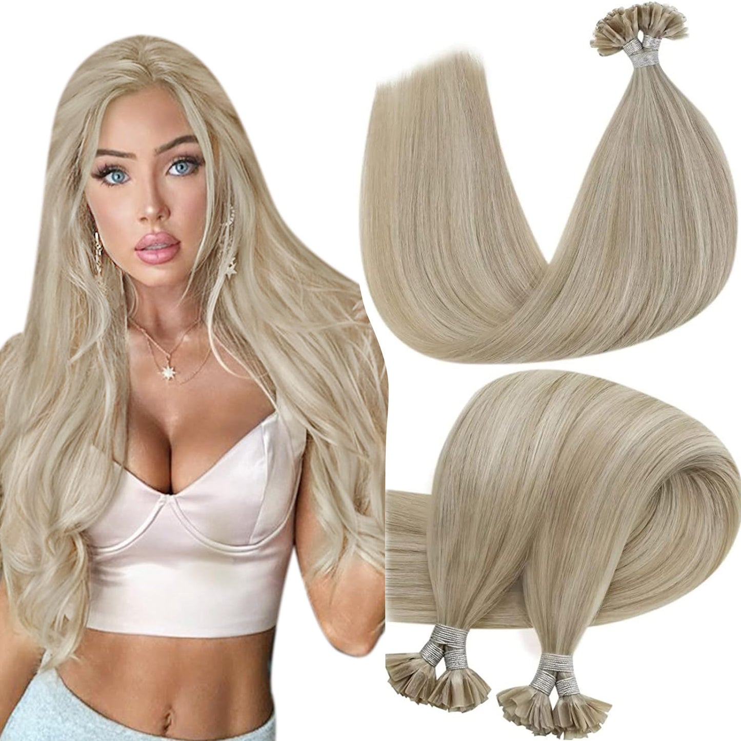 Hetto U Tip Hair Extensions Human Hair #18/613 Dark Ash Blonde Mixed Bleach Blonde K Tip Hair Extensions Real Human Hair Invisib