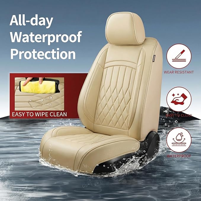 Fit Elantra Car Seat Covers for Hyundai Elantra 2017-2025 2026 - Premium Leather, Waterproof, All-Weather, Airbag Compatible, Anti-Slip, Breathable, Seat Protectors, Full Set, Beige