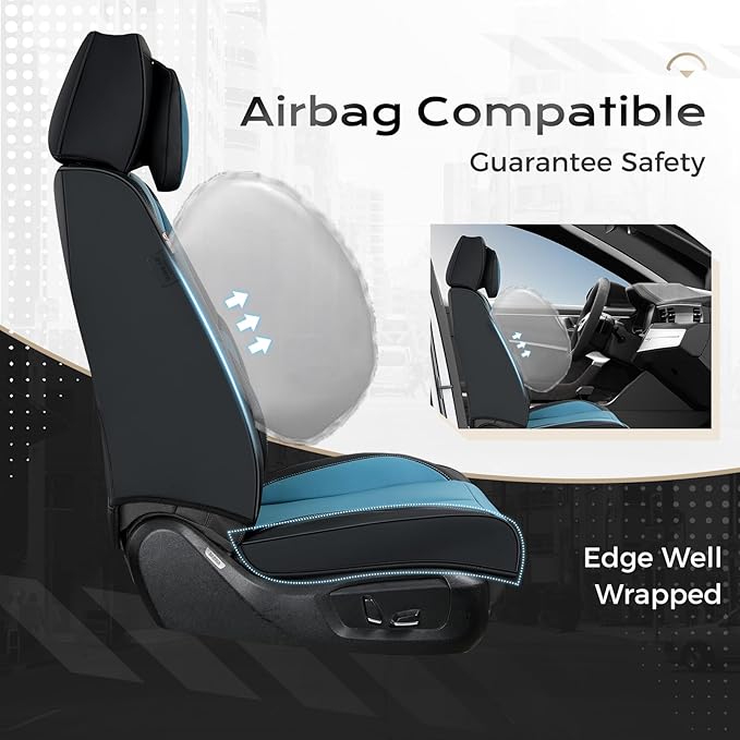 Coverado Seat Covers Full Set, Seat Covers for Cars, 5 Seats Waterproof Nappa Leather Car Seat Covers with Head Pillow, Seat Protectors Car Seat Cushion Universal Fit for Most Cars (Black&Blue)