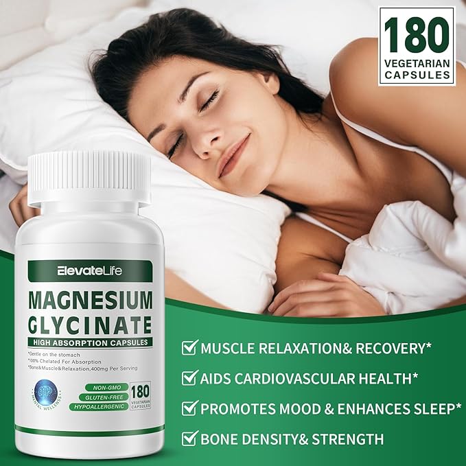 Magnesium Glycinate 400 MG per Serving 100% Chelated for High Absorption, Gentle On Stomach, Non-GMO, 180 Vegetarian Capsules