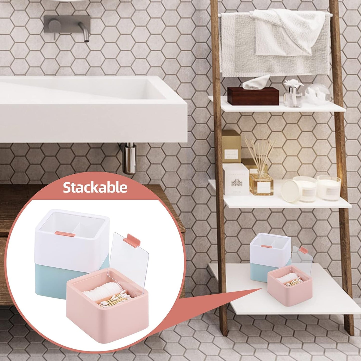 Tecbeauty Qtips Storage Organizer - 2-Grid Dispenser with Hinged Lids for Swabs, Balls, Pads, Pink