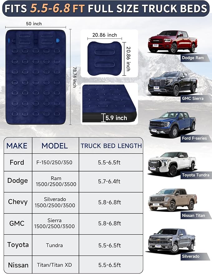 Umbrauto Truck Bed Air Mattress for 5.5-6.5ft Pickup Truck Bed, Cordless Pump Airbed Mattress with Accessories Kit for Outdoor Road Trip Travel