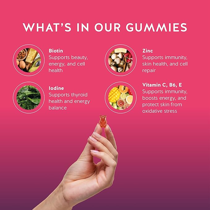 Biotin Gummies for Hair, Skin & Nails. 5,000 mcg High Potency Vegan Vitamins for Faster Hair Growth, Stronger Nails & Healthy Skin. with Vitamins C & E, 30 Gummies