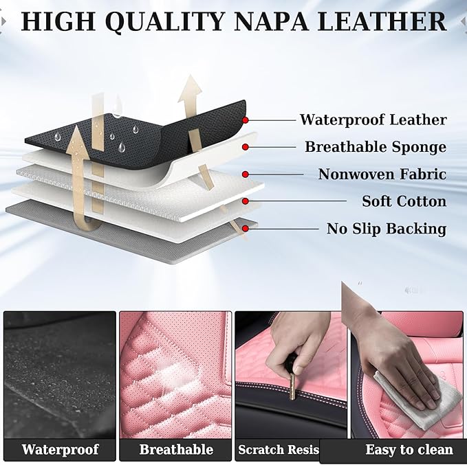 Coverado Car Seat Covers, Front Seat Cover, Waterproof Nappa Leather Seat Covers for Cars, 2 Pack Car Seat Protectors, Car Seat Cushion, Automotive Seat Covers Universal Fit for Most Cars (Black&Pink)