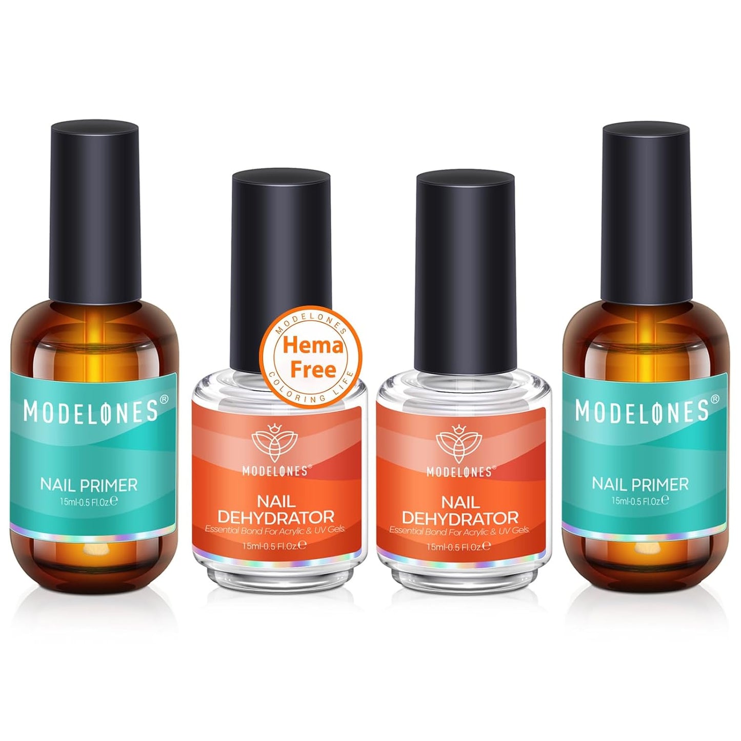 Modelones 4 Pcs Nail Dehydrator & Primer Set | Acid-Free, Hema-Free, 15 ml