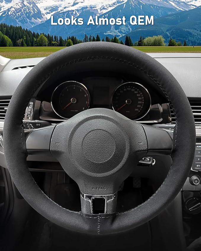 BELINOUS Suede Leather Steering Wheel Cover, DIY Stitch-On Steering Wheel Wrap with Needle & Thread, Non-Slip & Sweat-Absorbing, Universal Fit for 13.75-16 Inch (Size S4, Black)