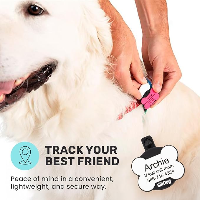SiliDog AirTag Holder Silent Dog ID Tag – Personalized Engraved Silicone Pet Tag – Durable, Glow-in-The-Dark – White Bone