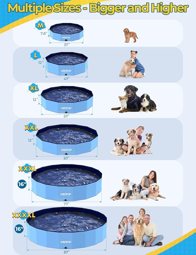 VISTOP Jumbo Foldable Dog Pool, Hard Plastic Shell Portable Swimming Pool for Dogs Cats and Kids Pet Puppy Bathing Tub Collapsible Kiddie Pool (87inch.D x 15.7inch.H, Blue)