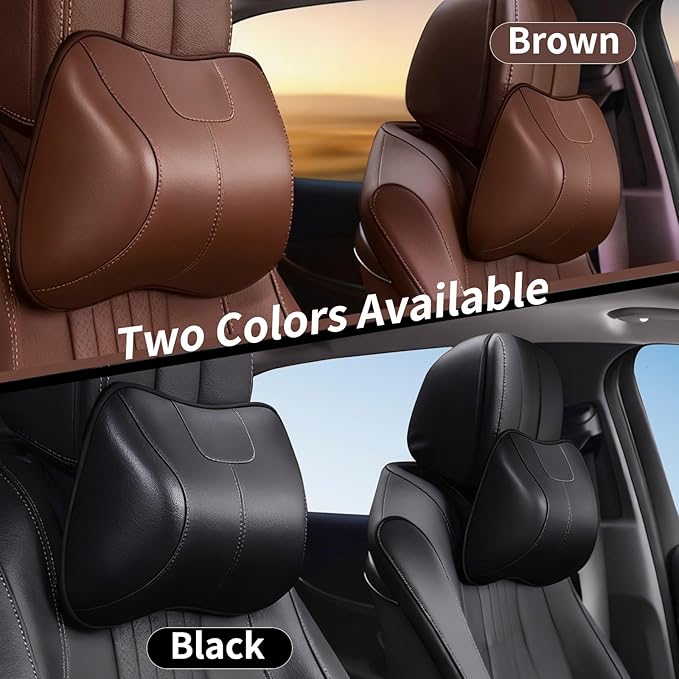 2PCS Leather Memory Foam Car Headrest Pillow Ergonomic Neck Pillow, Universal for Tesla Model Y/3/X/S BMW X3 X5 Lexus TX350 NX350 350h RX350 Volvo XC60 XC90 for Neck Pain Relief(Brown)