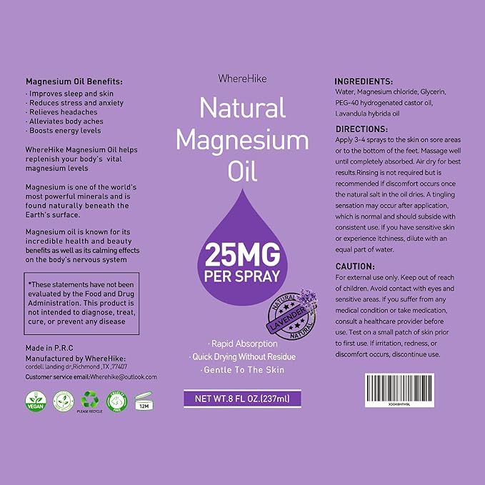 Magnesium Spray, Pure Magnesium Oil Spray for Feet,Ideal Gift for Muscle Relaxation&Better Sleep,Rapid Absorption,Quick Drying Without Residue-Lavender