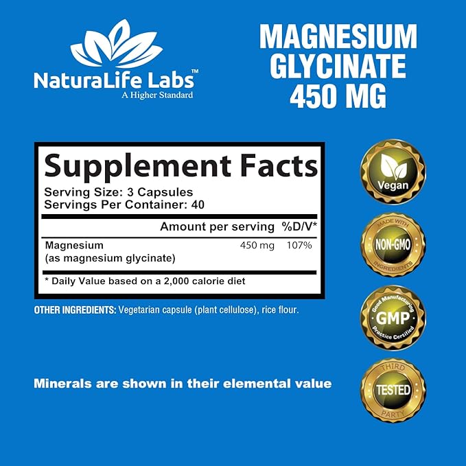 Magnesium Glycinate 450 MG No Laxative Effect - Vegan - Helps Function of Muscles, Bones, Non-GMO - 120 Veggie Capsules