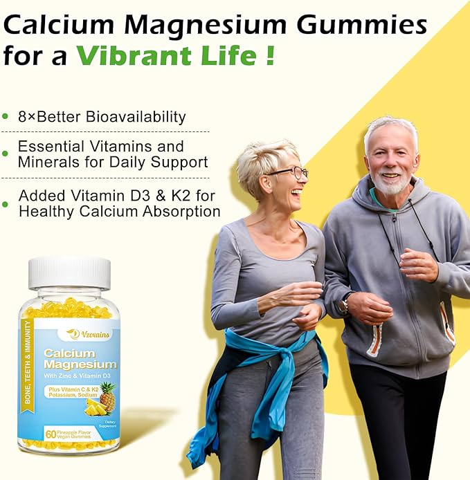 High Absorption Calcium Gummies, Sugar Free Calcium Magnesium Gummies with Vitamin D3 for Men and Women, Pineapple Flavor 120 Cts