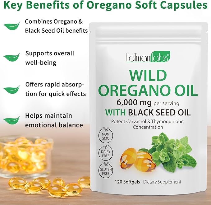 Oil of Oregano Capsules - 2 in 1 6000mg Oil of Oregano with Black Seed Oil 200mg - Oregano Oil Supplement Capsules - Digestive Support & Antioxidant, Non-GMO Digestive Support (2 Pack)
