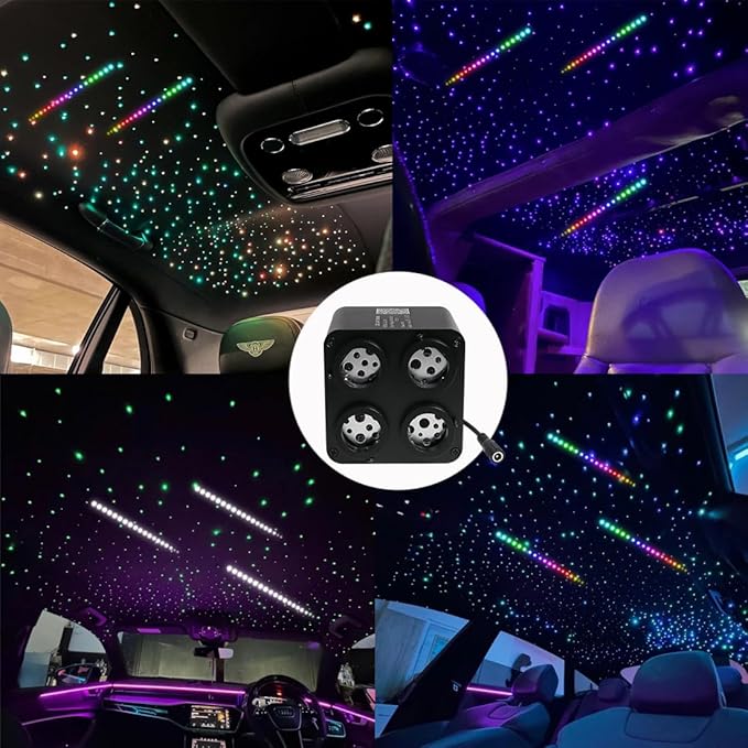 AMKI Updated 4Color Meteor Twinkle 36w Starlight Headliner Kits 1200pcs 0.03in 13.1ft, 240pcs RGB Meteor Shooting Star Cable, 2 in 1 Fiber Optic Light Box RGBW Sound Activated Mode for Car& Home Decor