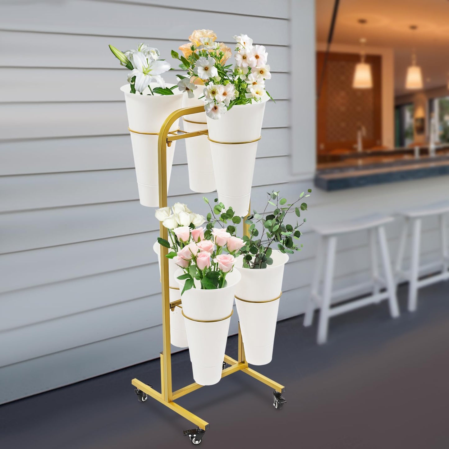 Nozue Flower Display Stand, 2Layers Metal Plant Stand with Wheels, with 6pcs Buckets, Portable Plant Moving Cart Frame for Indoor, Florist, Living Room (Gold - White Round Bucket)