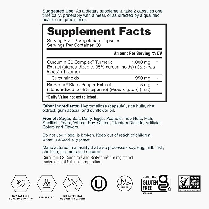 Nature's Lab Turmeric Extract with Curcumin C3 & BioPerine 1000mg - Promotes Cardiovascular, Digestion and Immune Health - 60 Capsules (30 Day Supply)