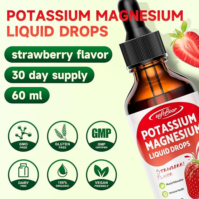 softbear Potassium Magnesium Liquid Drops, High Absorption Calcium Magnesium Potassium Liquid for Bone & Muscle Health Liquid Potassium and Magnesium Supplement Drops Strawberry Flavor 2 Fl Oz