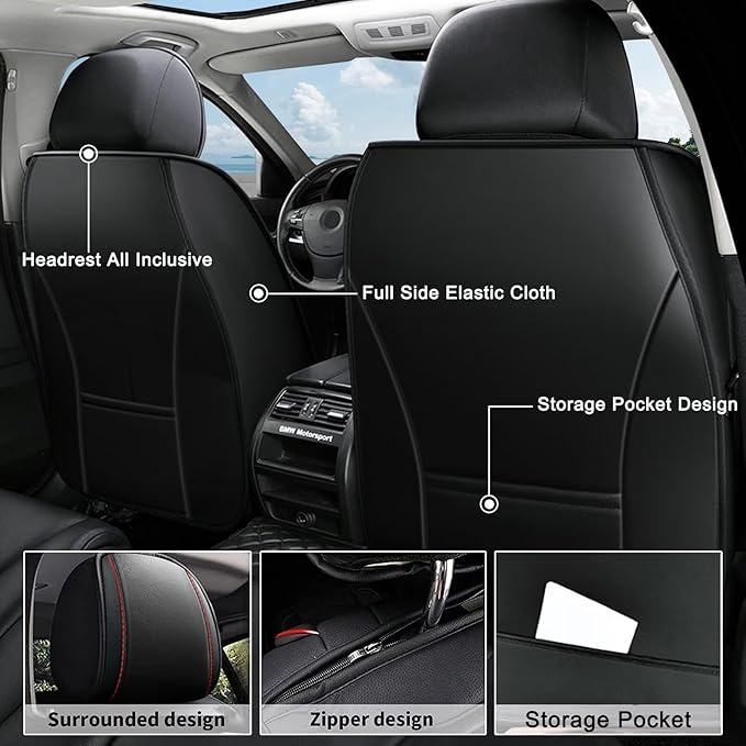 AOMSAZTO Car Seat Cover 2 Front Seat Fit for Ford Ranger 2019-2026(Not Fit for Raptor) Leather Car Seat Cushion Protector Compatible Airbag Waterproof Automotive Seat Covers Black