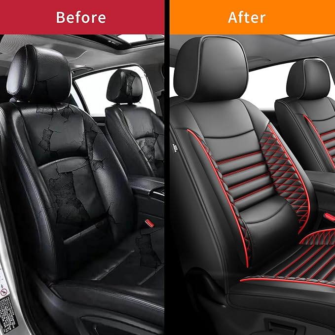 Fit Outback Car Seat Covers for Subaru Outback 2010-2024 2025 2026 - Upgraded Premium Waterproof & Breathable Leather, Airbag Compatible, All-Weather Seat Cushion Protector (2 Front/Black+Red)