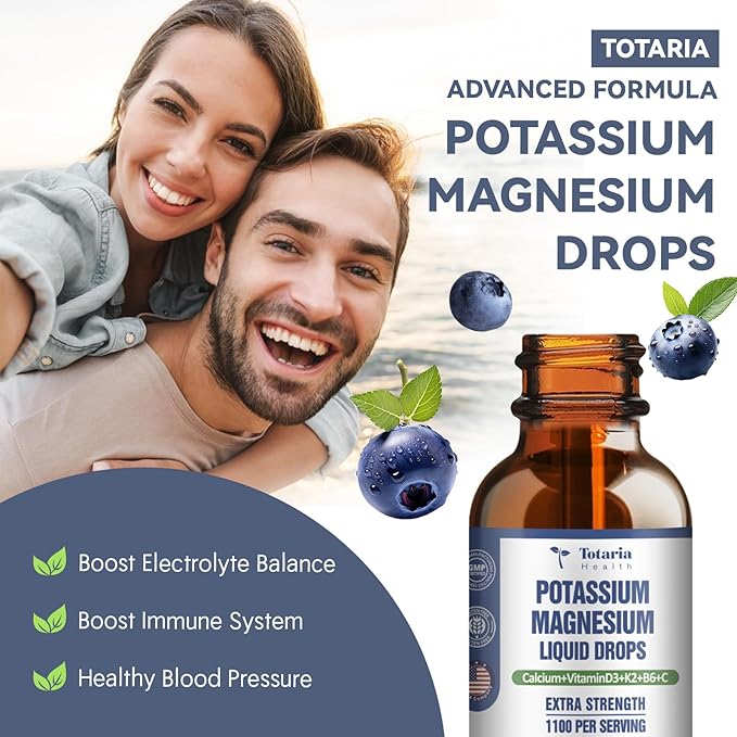 Potassium Magnesium Supplement Liquid Drops - Vitamin K 2 Potassium Supplement Complex Magnesium Glycinate Liquid Citrate Oil High Absorption Potasio Support Bone, Muscle, Leg Cramps, Blueberry