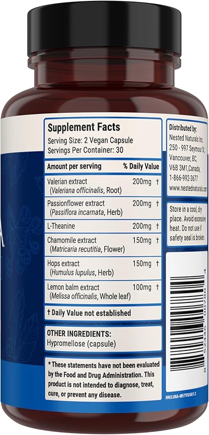 Nested Naturals Luna Sleep Supplement, Melatonin Free, Non-Habit Forming Herbal Sleep Supplement, Adult Bedtime Support, Help Sleeping w/Chamomile, Valerian, L-Theanine, 60 Vegan Capsules