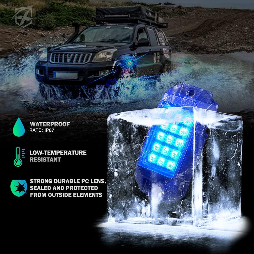 Xprite Bluetooth RGB LED Rock Lights Kit, Multicolor Neon Accent Music Flashing Lighting Underglow Kits with RF Controller for Off-Road, Trucks, Cars, UTV, ATV, SUV, RZR, Motorcycles, Boats - 6 PCS