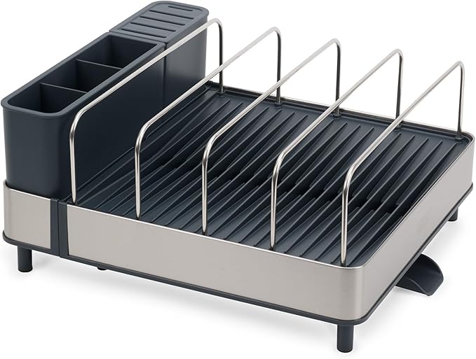 Joseph Joseph Extend Max Steel Expanding Dish Drying Rack, with high Capacity Large for Items, Cutlery and Knife Holder, Swivel Draining Spout, Stainless Steel