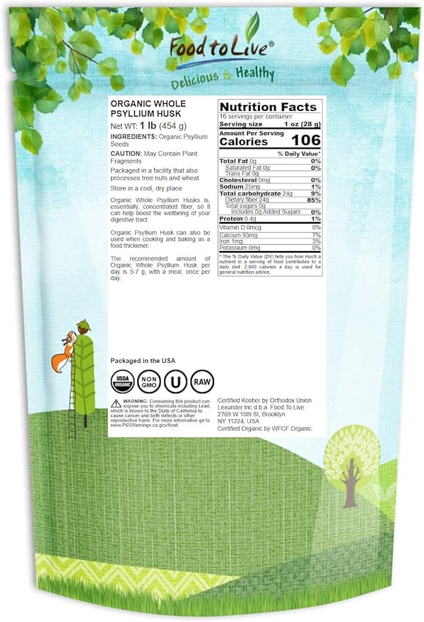 Food to Live - Organic Whole Psyllium Husks, 1 Pound - Non-GMO Flakes, Vegan, Unsweetened, Unflavored, Rich in Dietary Fiber, Natural Food Thickener, Great for Baking