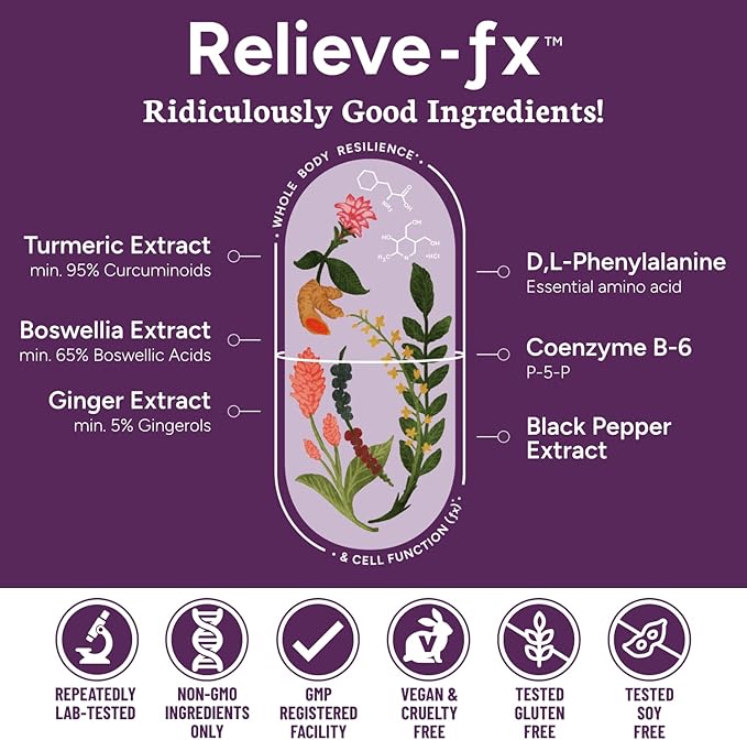 Relieve-fx™ Extra Strength Turmeric Curcumin Supplement with Black Pepper, Boswellia, Ginger, DLPA, Inflammation Health, Joint Support, Mood Relief, Detox Factor, Digestion, 90 Vegan Capsules