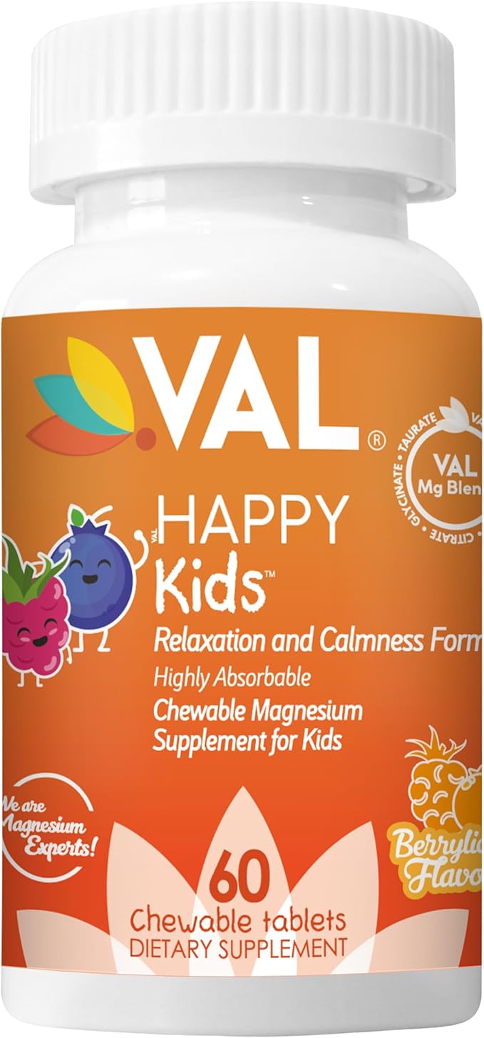 VAL Magnesium for Kids | High-Absorption Magnesium for Calm, Relaxation & Focus | Mg Glycinate, Citrate & Taurate | with Vitamin B6, D & C | Sugar-Free, Non-GMO | 60 Chewable Tablets
