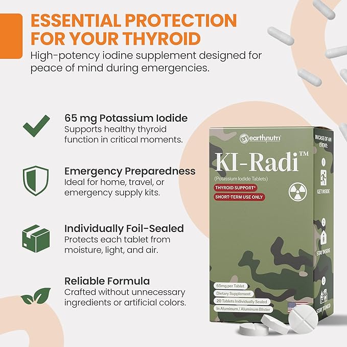 KI-Radi™ Potassium Iodide Tablets 65 mg – High Potency Iodine Supplement for Thyroid Support, Emergency Preparedness – Potassium Supplement in Foil-Foil Blister Seal – 20 Tablets